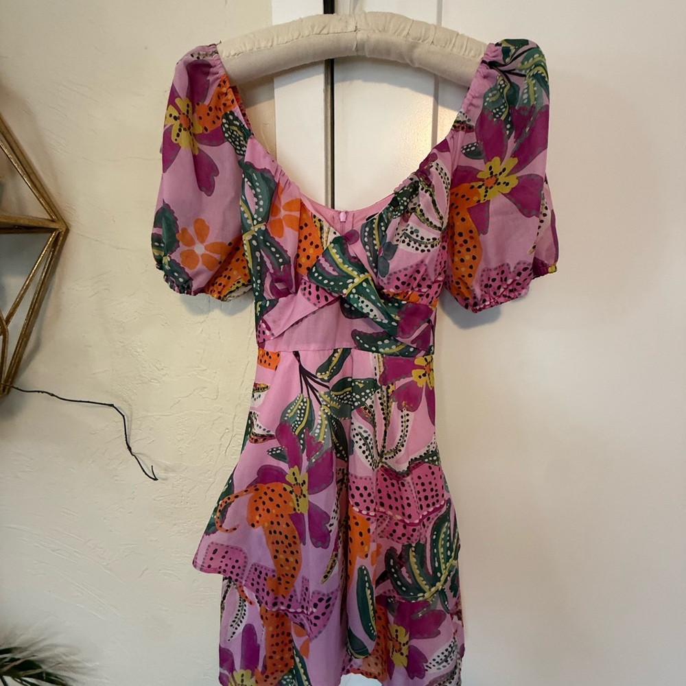 Vibrant Pink Floral Blouse; might also be a mini dress for a petite person.